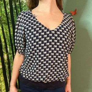 Cabi Elephant Print Multi-Layered Navy Flowy Top